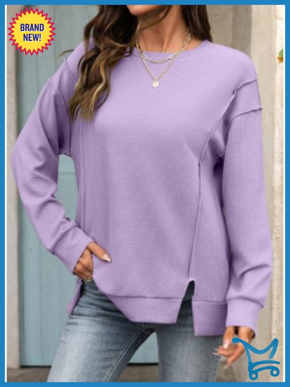 Crew Neck Sweatshirt Loose Side Split Pullover Tops Long Sleeve - Picture 4 of 6